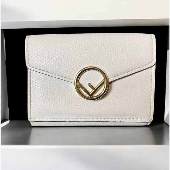 FENDI White Trifold Micro Wallet Grained Leather New F Logo Gold Snap 8M0395 - Picture 1 of 16
